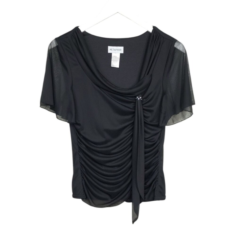 Metaphor Black Ruched Drape Top with Rhinestone Accent